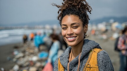 Smiling Woman Volunteering Beach Cleanup