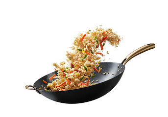 Vegetable fried rice in wok pan isolated on transparent background