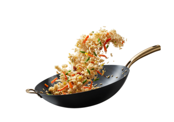 Vegetable fried rice in wok pan isolated on transparent background
