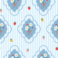 Vintage seamless pattern with strawberries and flowers, striped summer wallpaper, charming background