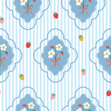 Vintage seamless pattern with strawberries and flowers, striped summer wallpaper, charming background