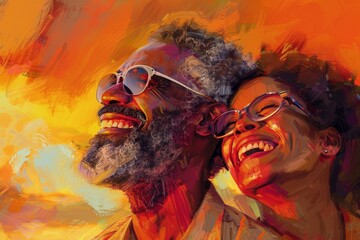 Portrait of a grinning multicultural couple in their 40s watching the sunset