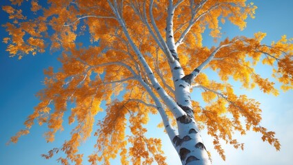 Beautiful view of birches in the sun during autumn, with sun rays illuminating the background of birch trunks, white trunks creating contrast against tree branches and a wall of birches in October.