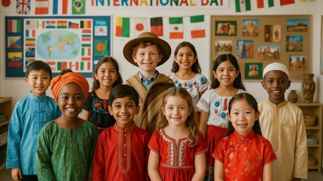 Multicultural Classroom Celebrating International Day with Flags and Traditional Outfits