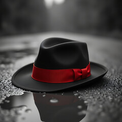 Black Fedora Hat with Red Ribbon on a Rainy Street