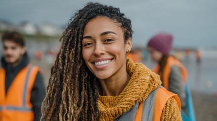 Smiling Young Woman Volunteer in Orange Vest at Beach