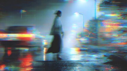 Solitary Figure Walking Through Blurry City Night