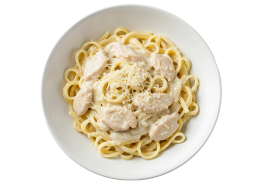 Creamy chicken fettuccine alfredo pasta isolated on transparent background