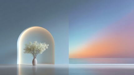 Minimalist Floral Sculpt in Modern Interior with Ocean Sunset View