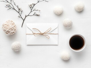 Minimalist Flatlay of White Thank You Card with Coffee and Decor