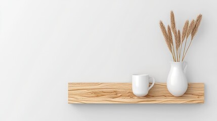 Minimalist Home Decor Featuring a Wooden Floating Shelf, White Mug, and Dried Flower Vase