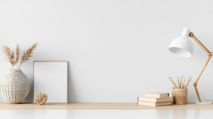 Minimalist Home Office Desk Setup with White Lamp and Blank Frame