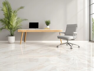 Minimalist Home Office Workspace with Empty Chair and Plants