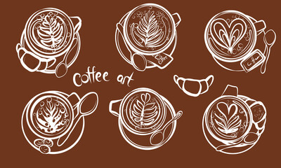 Coffee machine, coffee grinder, Turkish coffee, milk frother, filter coffee, French press. Hand drawn vector clip art.