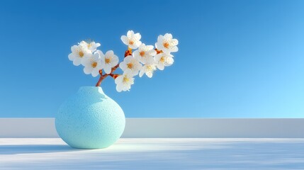 Minimalist Ikebana Composition: White Blossoms in a Light Blue Vase