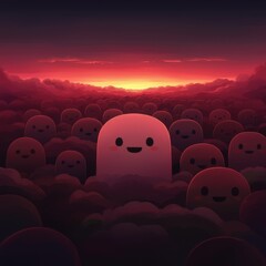 Fototapeta premium Cute, smiling blob-like creatures gather under a vibrant red and orange sunset sky, creating a playful and warm atmosphere.