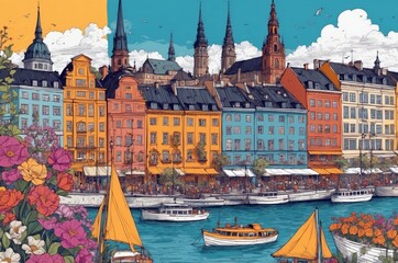 Colorful cityscape along a waterfront with boats and vibrant buildings during a sunny day in a historic location