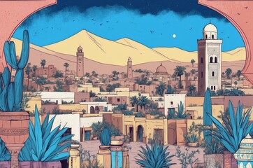 Exploring a vibrant desert town surrounded by mountains and palm trees at dusk with a clear sky