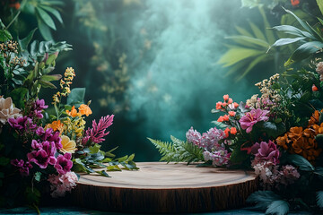 Vibrant floral arrangement on a wooden stump backdrop.