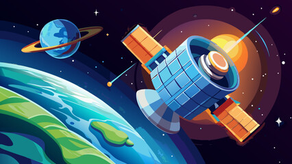 A satellite orbits Earth, capturing stunning views of the planet against a backdrop of space, highlighting technology and exploration.