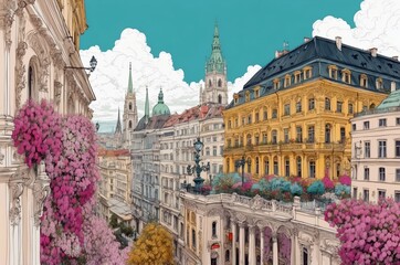 Vibrant cityscape featuring historical buildings and blooming flowers in a picturesque European town during spring