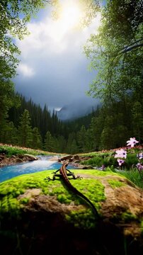 mountain landscape with river anda flowers 