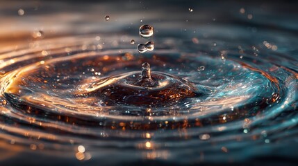 Water Droplet Impacting Dark Liquid Surface Creating Concentric Ripples and Sparkling Light Reflections