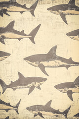 Miniature sharks forming a repeated pattern across a vintage wallpaper