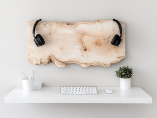 Minimalist White Desk with Wooden Headphone Stand and Accessories