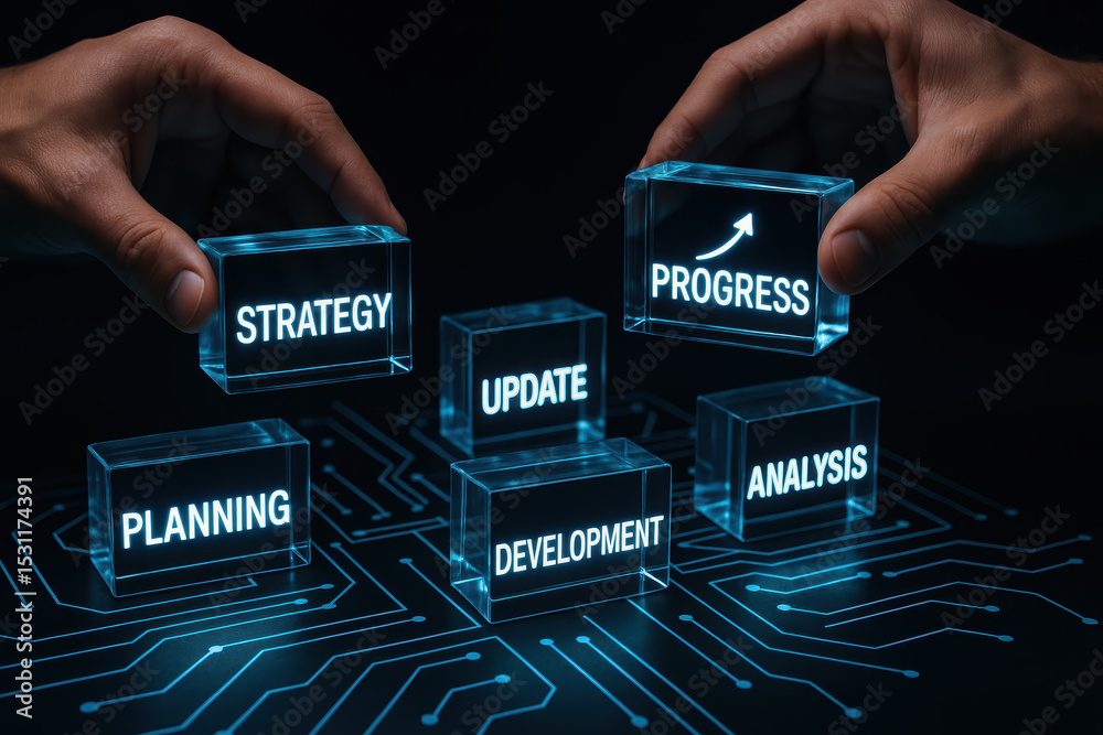 Poster transparent glass blocks labeled with key business concepts signify the continuous cycle planning st