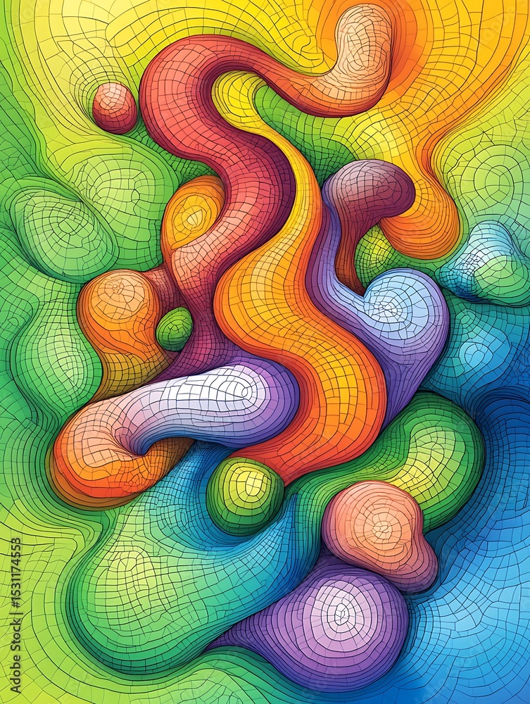 Poster iridescent intertwined forms with an intricate grid-like texture design