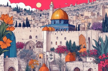 Vibrant depiction of Jerusalem's skyline featuring Dome of the Rock during sunny day