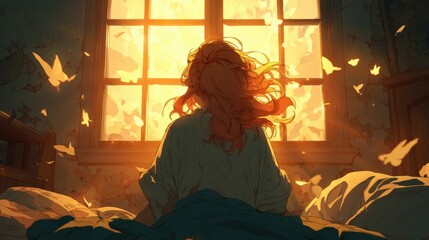 Woman Awakening to a Sunrise, Birds in Flight