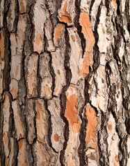Close-up of textured tree bark with orange and gray tones, showing natural patterns