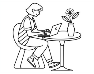 Modern Office Desk Line Icon – Laptop and Tea