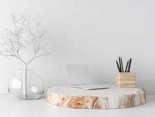 Minimalist White Workspace with Laptop and Wooden Accessories