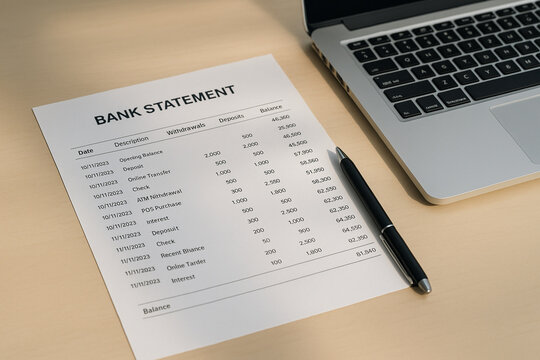 Bank Statement and Laptop on Minimal Desk – Budget Planning Scene
