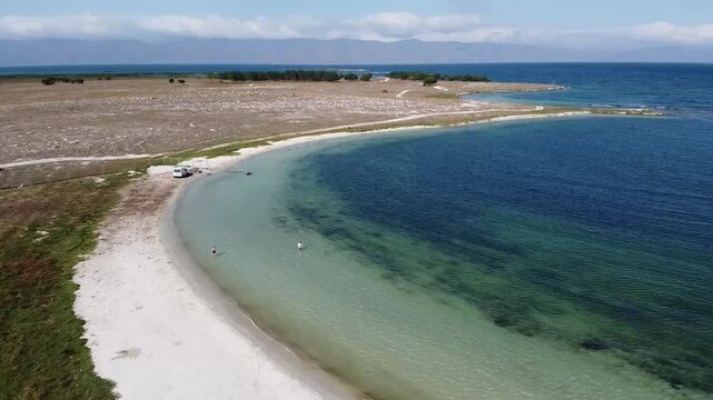 A bird's-eye view of the beach and Lake Sevan