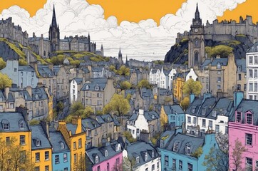 Colorful urban landscape of Edinburgh with historic architecture under a bright sky