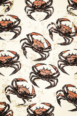 A vintage-inspired background with retro decorative textures, hundreds of small crabs arranged in a low-contrast nostalgic pattern