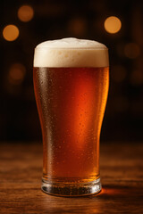 A tall slender pint glass filled with golden amber ale featuring a creamy frothy head and gentle light gradient symbolizes crafted quality and refreshment