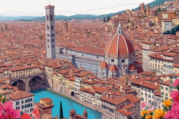 Florence skyline view showcasing historical architecture and vibrant flowers in springtime