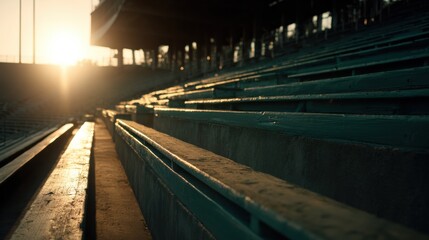 Obraz premium Empty Stadium Bleachers Bathed in Sunlight Before Upcoming Game With Clear Upper Sky and Peaceful Atmosphere
