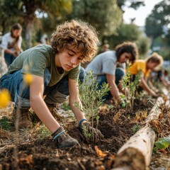 Young Volunteers Planting Saplings in a Sunny Community Garden