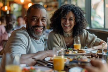 Portrait of a smiling multiethnic couple in their 40s having breakfast together