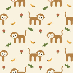 Monkey cartoon so cute. On banana leaf flower background. Pattern seamless vector illustration. 
