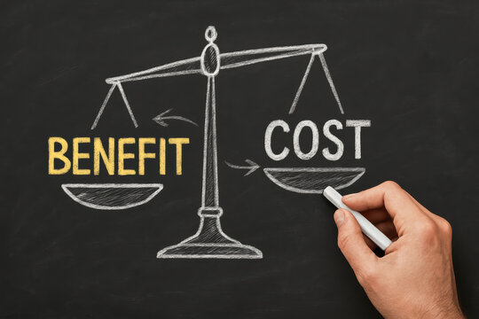 A conceptual chalkboard highlights decision-making by weighing advantages against expenses with a balance scale