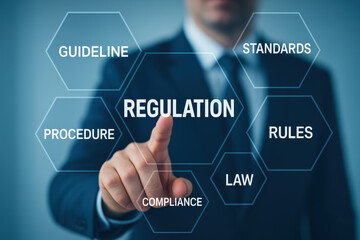 A business professional interacts with a transparent interface illustrating compliance processes law adherence and standards enforcement