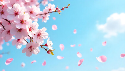 Cherry Blossom Branches and Falling Petals Against a Blue Sky