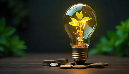 Green Energy Concept: Plant Growing Inside a Light Bulb with Coins